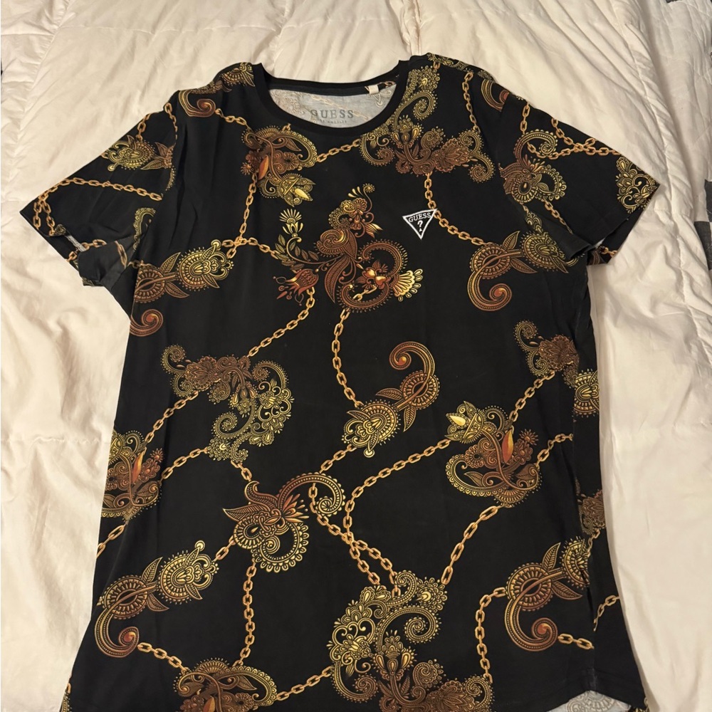 GUESS Men's Black Tee with Gold Chain Design